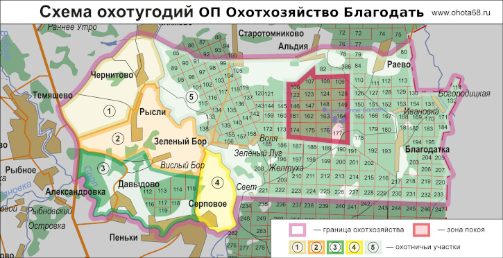 Охотничьи угодья в Тамбове, Моршанский район, Тамбовская область, карта, схема и номера участков - охотхозяйство Рыслинская Нива